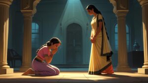A heart-wrenching, emotional scene inside a grand Indian house. A simple, teary-eyed girl (Jhanak) with her hands folded in a pleading gesture (haath jodkar) kneels slightly before another beautiful, well-dressed woman (Aditi). Jhanak's expression is one of pure, selfless desperation. Aditi stands tall and rigid, her face cold, hurt, and unforgiving, turning away slightly. The background is slightly blurred to focus on the two women's raw emotions. The art style is a soft, painterly 2D animation, emphasizing the emotional weight of the moment with dramatic lighting.