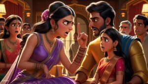 An intense, emotional confrontation in a lavishly decorated Indian living room. In the center, a beautiful young woman (Aditi) in a stunning but slightly disheveled lehenga, looks furious and betrayed. She points an accusatory finger at a handsome but distressed young man (Rishi) in a groom's sherwani. His face is filled with desperation and helplessness. In the background, a simple, sad-faced girl (Jhanak) in a plain saree watches with worried eyes. Other family members look on in shock. The style should be a vibrant, dramatic 2D animation, like a high-quality animated series, with a focus on expressive faces and emotional body language.